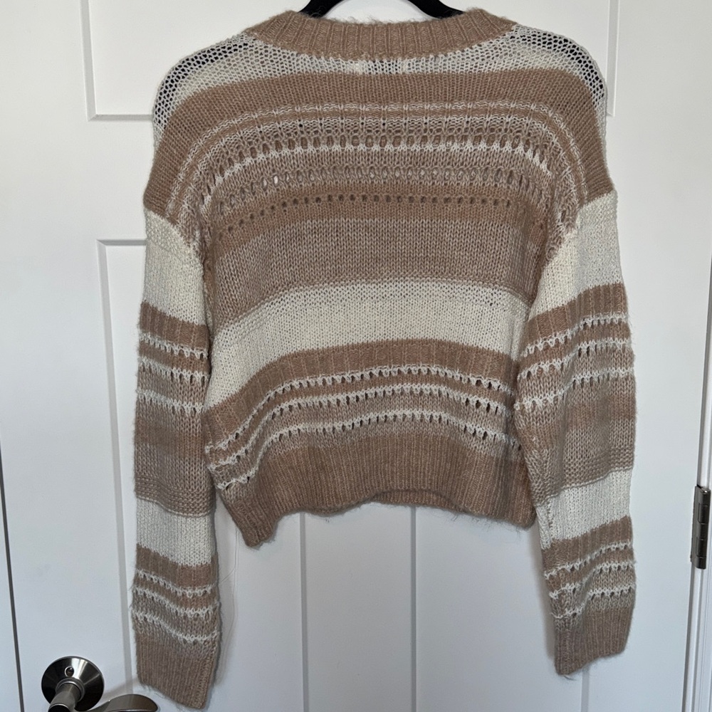 NWT Lush Tan Striped Crochet Knit Crew Neck Fuzzy Sweater - Cream Taupe Multi - Picture 2 of 6